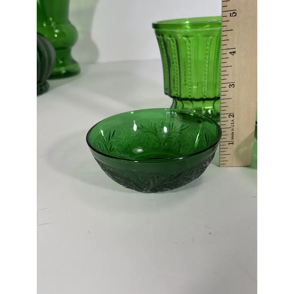 Lot Of 3 - Vintage Anchor‎ Hocking Forest Green Sauce Bowl + Dessert Bowl + Vase